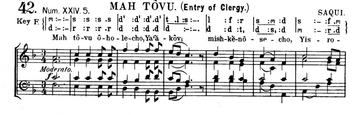 Figure 2. A selection from the Blue Book, showing tonic sol-fa notation above the grand staff. Cohen and Davis 1899:28.